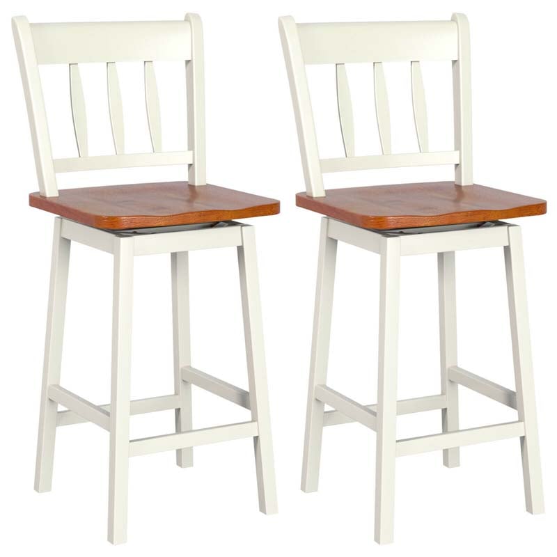 Set of 2 Swivel Bar Stools, 24.5" Solid Rubber Wood Counter Height Bar Chairs with Back & Footrest for Kitchen Island, Home Pub