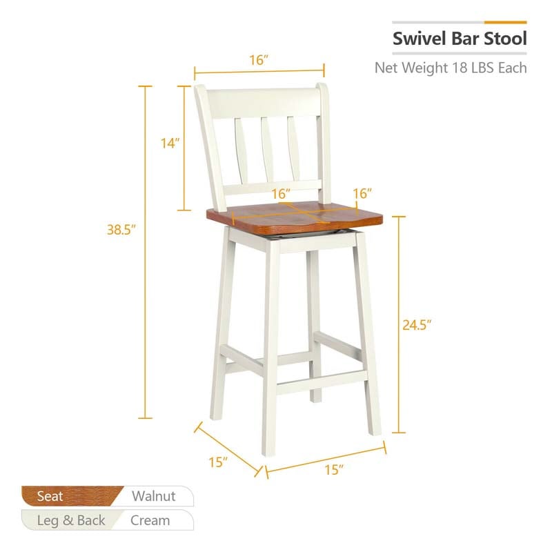 Set of 2 Swivel Bar Stools, 24.5" Solid Rubber Wood Counter Height Bar Chairs with Back & Footrest for Kitchen Island, Home Pub