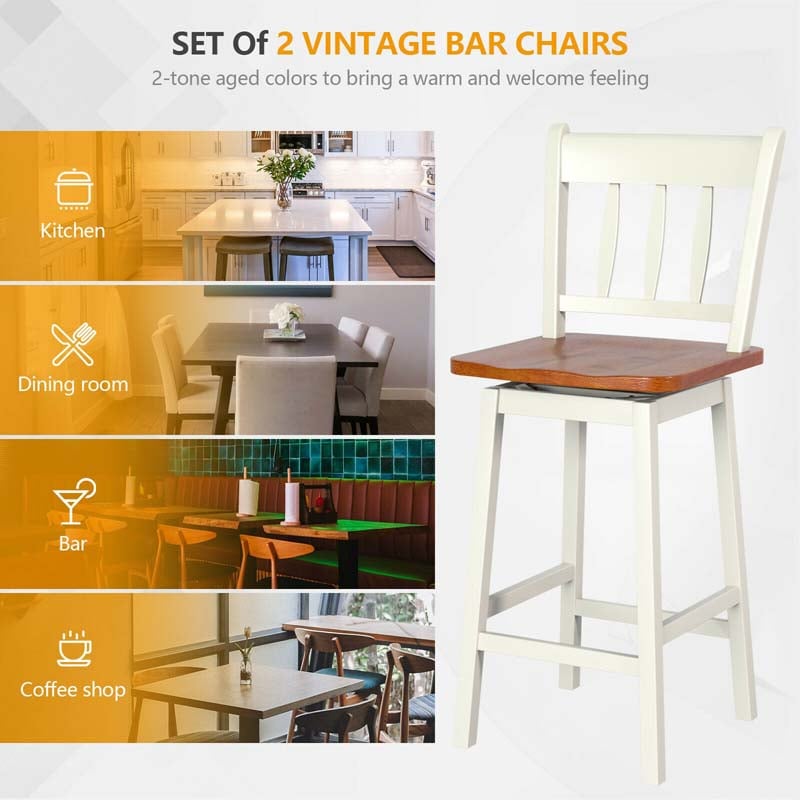 Set of 2 Swivel Bar Stools, 24.5" Solid Rubber Wood Counter Height Bar Chairs with Back & Footrest for Kitchen Island, Home Pub