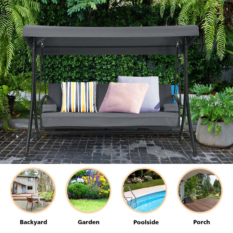 2-in-1 Convertible Metal Porch Swing Chair Bench Glider, 3-Seater Outdoor Patio Swing with Adjustable Tilt Canopy