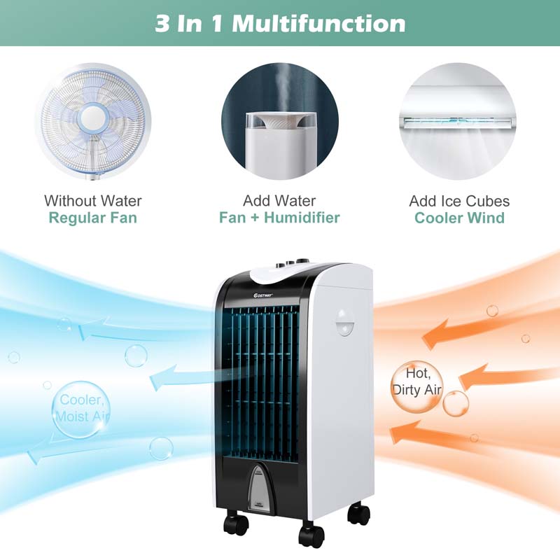 3-in-1 Portable Evaporative Cooler Fan Humidifier with Filter Knob, 3 Wind Speeds, 4L Water Tank