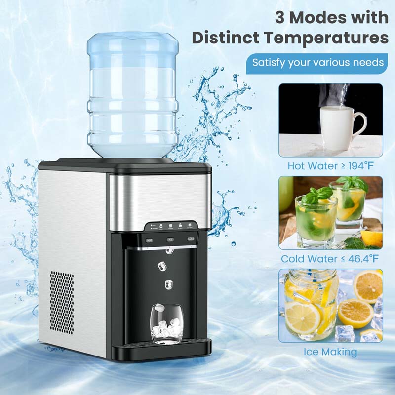 3-in-1 Countertop Water Dispenser with 48LBS/24H Ice Maker, 5 Gallon Bottle Top-Loading Hot & Cold Water Cooler for Home Office