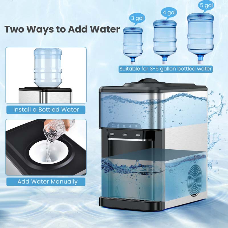 3-in-1 Countertop Water Dispenser with 48LBS/24H Ice Maker, 5 Gallon Bottle Top-Loading Hot & Cold Water Cooler for Home Office