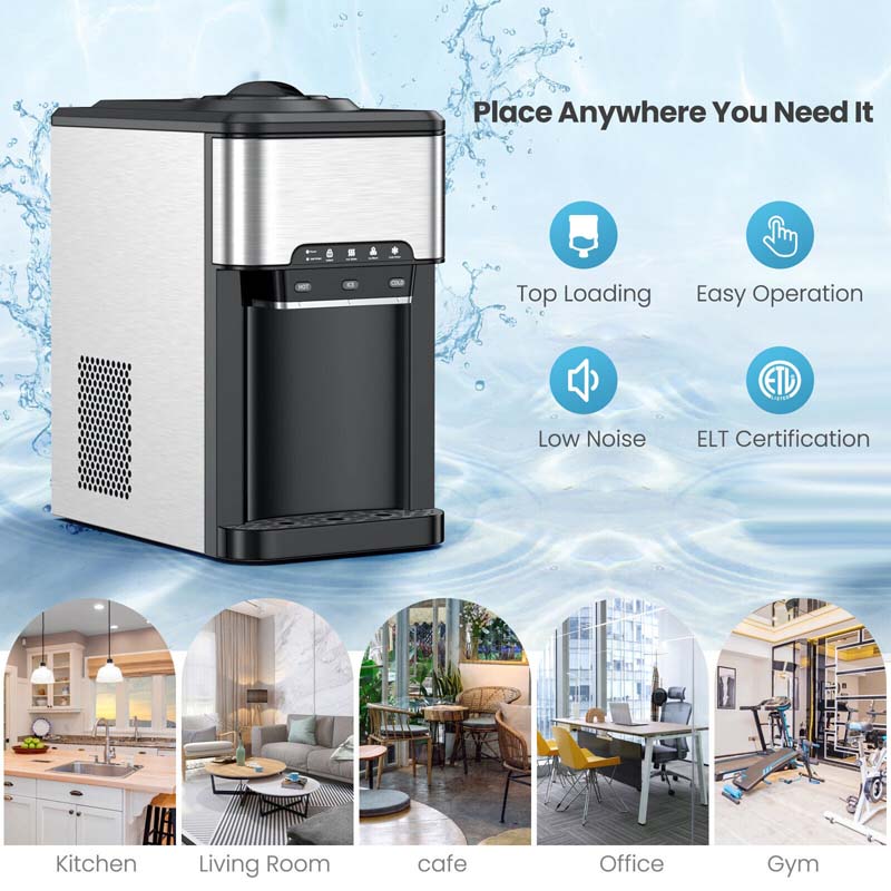 3-in-1 Countertop Water Dispenser with 48LBS/24H Ice Maker, 5 Gallon Bottle Top-Loading Hot & Cold Water Cooler for Home Office