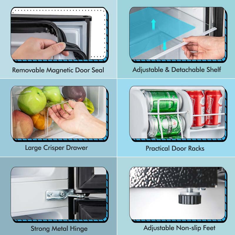 3.2 Cu.Ft Compact Refrigerator, Reversible 2-Door Mini Fridge with Freezer, Adjustable Temp & Removable Shelves for Dorm, Apartment, Office