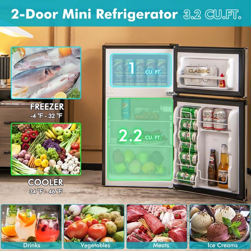 3.2 Cu.Ft Compact Refrigerator, Reversible 2-Door Mini Fridge with Freezer, Adjustable Temp & Removable Shelves for Dorm, Apartment, Office