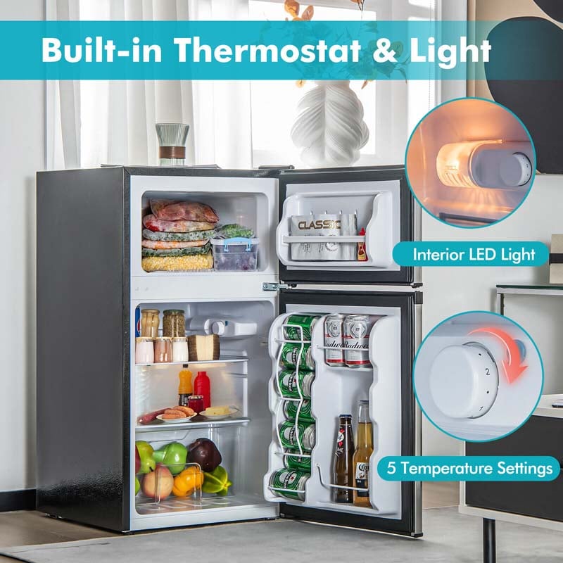 3.2 Cu.Ft Compact Refrigerator, Reversible 2-Door Mini Fridge with Freezer, Adjustable Temp & Removable Shelves for Dorm, Apartment, Office