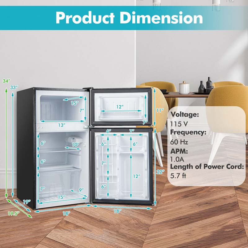 3.2 Cu.Ft Compact Refrigerator, Reversible 2-Door Mini Fridge with Freezer, Adjustable Temp & Removable Shelves for Dorm, Apartment, Office