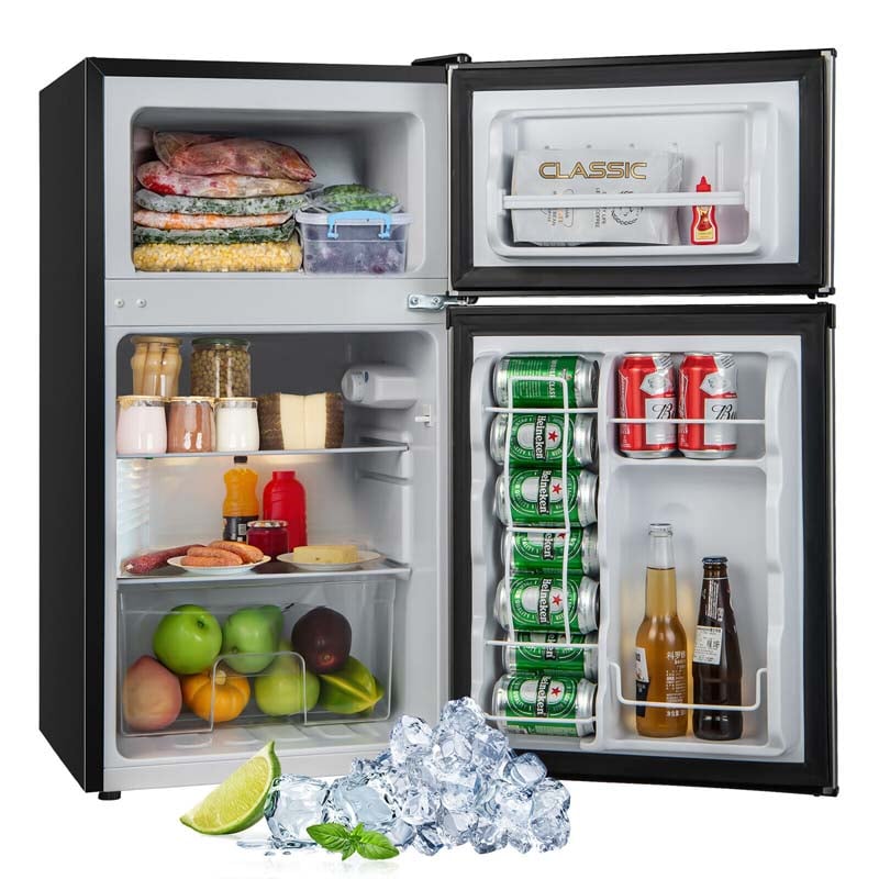 3.2 Cu.Ft Compact Refrigerator, Reversible 2-Door Mini Fridge with Freezer, Adjustable Temp & Removable Shelves for Dorm, Apartment, Office