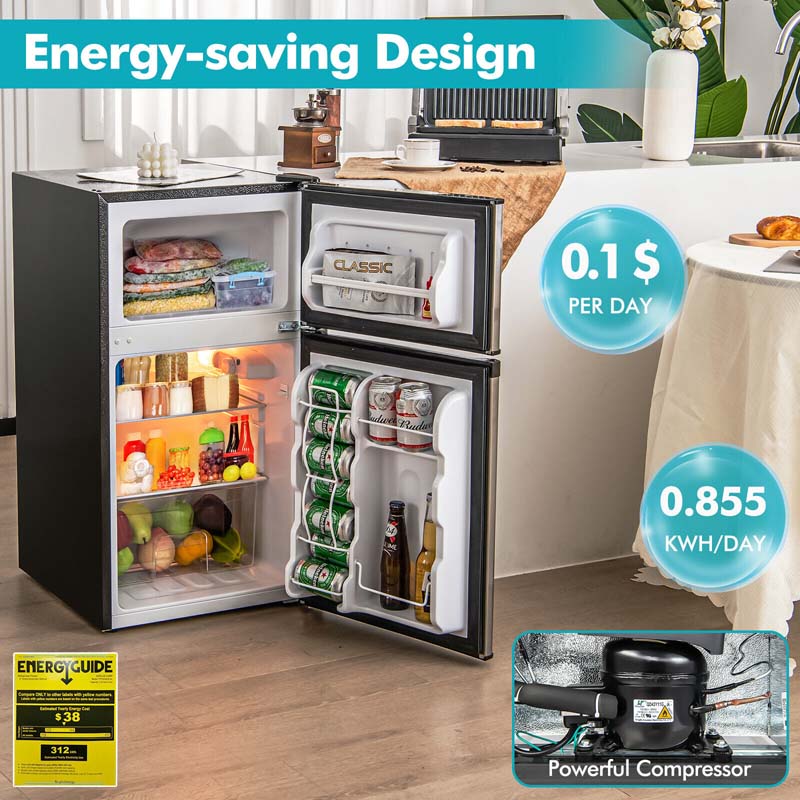 3.2 Cu.Ft Compact Refrigerator, Reversible 2-Door Mini Fridge with Freezer, Adjustable Temp & Removable Shelves for Dorm, Apartment, Office