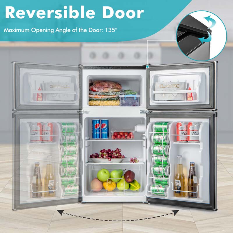 3.2 Cu.Ft Compact Refrigerator, Reversible 2-Door Mini Fridge with Freezer, Adjustable Temp & Removable Shelves for Dorm, Apartment, Office