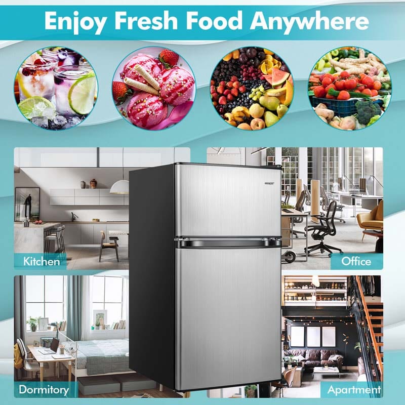 3.2 Cu.Ft Compact Refrigerator, Reversible 2-Door Mini Fridge with Freezer, Adjustable Temp & Removable Shelves for Dorm, Apartment, Office