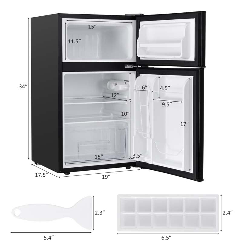 2-Door Mini Fridge with Freezer, 3.2 Cu.Ft Compact Refrigerator with Removable Glass Shelves & Mechanical Control for Dorm, Apartment