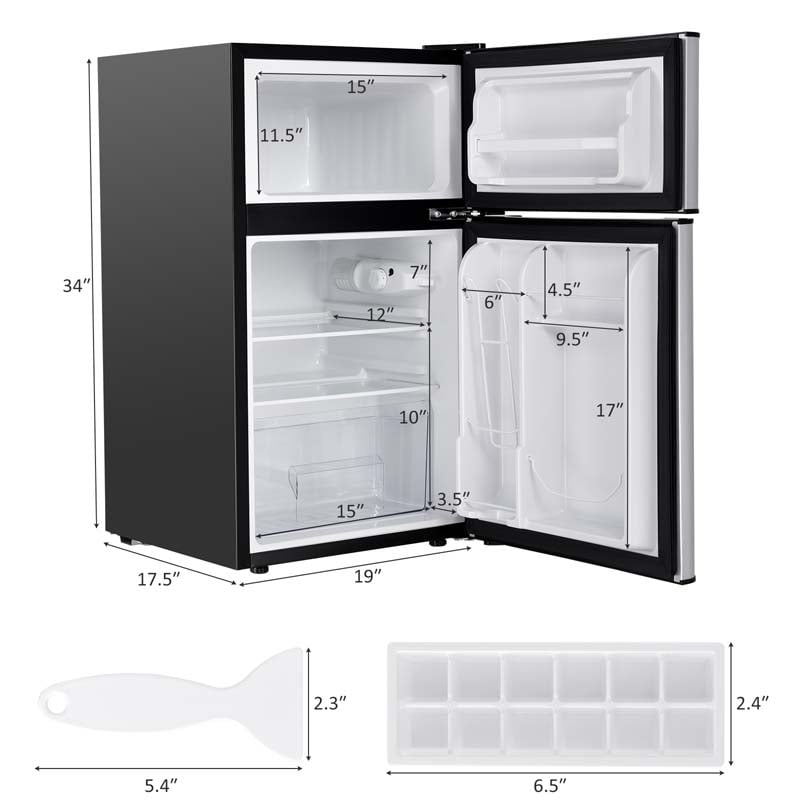 2-Door Mini Fridge with Freezer, 3.2 Cu.Ft Compact Refrigerator with Removable Glass Shelves & Mechanical Control for Dorm, Apartment