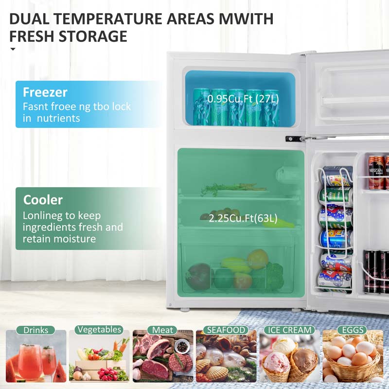 2-Door Mini Fridge with Freezer, 3.2 Cu.Ft Compact Refrigerator with Removable Glass Shelves & Mechanical Control for Dorm, Apartment
