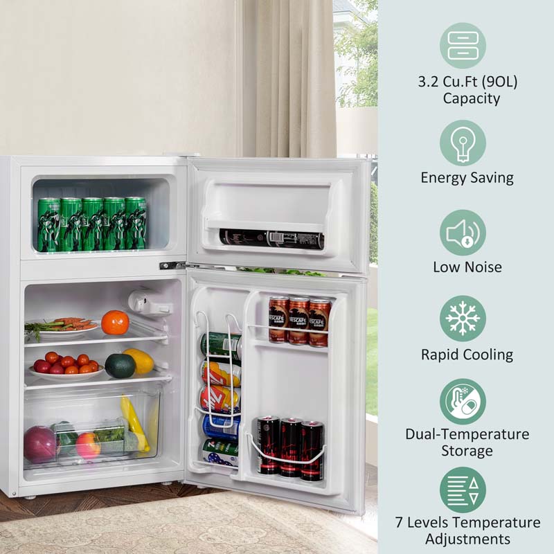 2-Door Mini Fridge with Freezer, 3.2 Cu.Ft Compact Refrigerator with Removable Glass Shelves & Mechanical Control for Dorm, Apartment