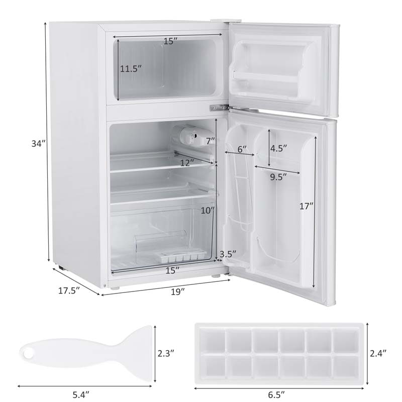 2-Door Mini Fridge with Freezer, 3.2 Cu.Ft Compact Refrigerator with Removable Glass Shelves & Mechanical Control for Dorm, Apartment