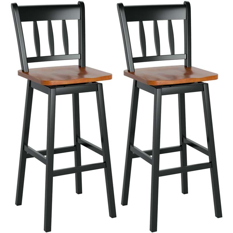 2 Pcs 30.5" Rubber Wood Vintage Bar Chairs 360 Degree Swivel Bar Stools with Back & Footrest