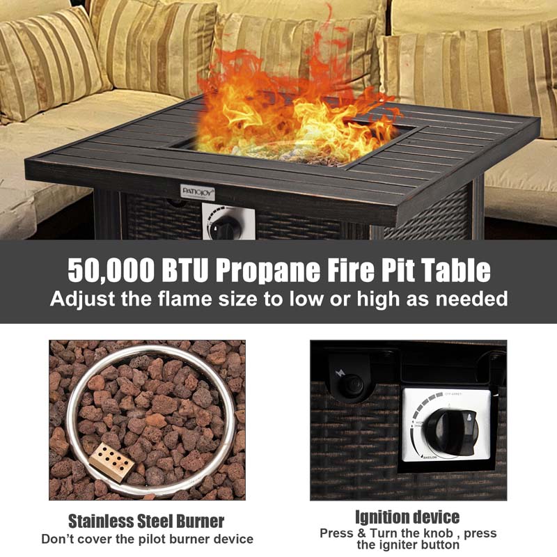 30" Square Propane Fire Pit Table, 50000 BTU Outdoor Gas Fire Table with Lava Rocks & Cover