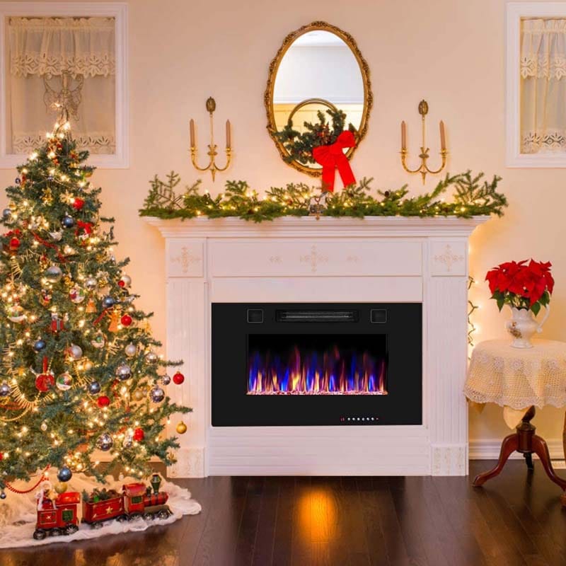 30" Ultra-Thin Electric Fireplace Insert, 1500W Recessed & Wall-mounted Fireplace Heater with 12 Flame Colors