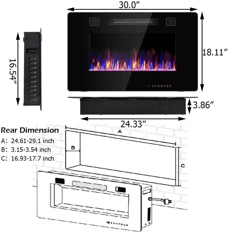 30" Ultra-Thin Electric Fireplace Insert, 1500W Recessed & Wall-mounted Fireplace Heater with 12 Flame Colors