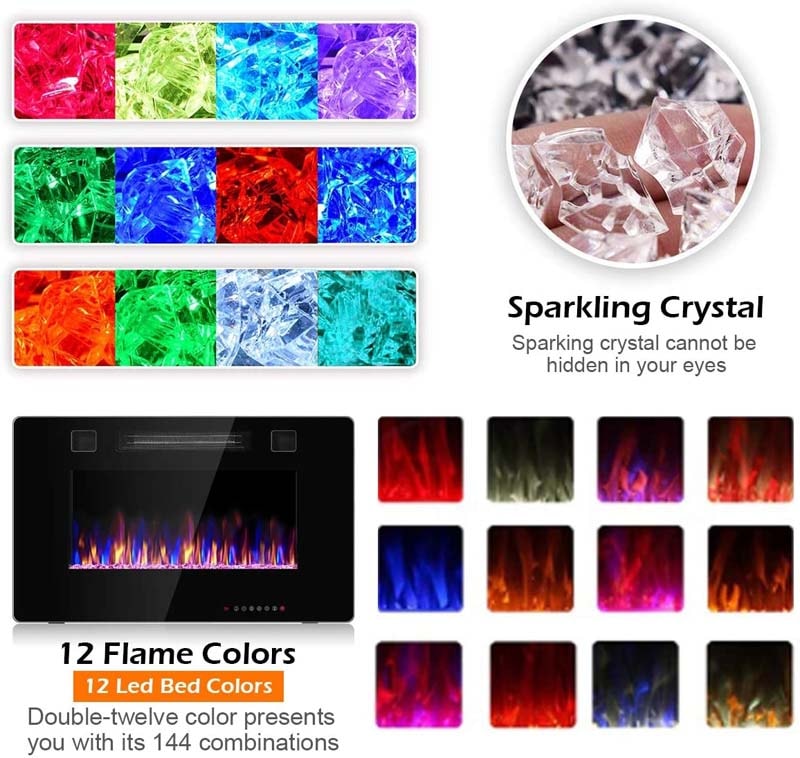 30" Ultra-Thin Electric Fireplace Insert, 1500W Recessed & Wall-mounted Fireplace Heater with 12 Flame Colors