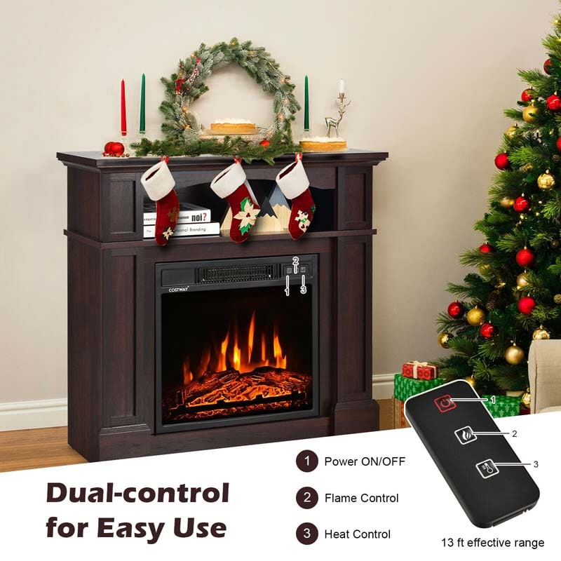 32" Freestanding Electric Fireplace Mantel, 1400W Fireplace Heater with Remote Control, Thermostat & 6H Timer, 3 Flame Brightness
