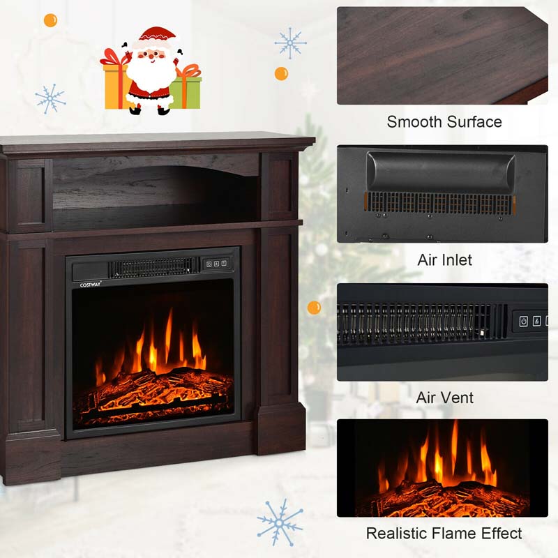 32" Freestanding Electric Fireplace Mantel, 1400W Fireplace Heater with Remote Control, Thermostat & 6H Timer, 3 Flame Brightness