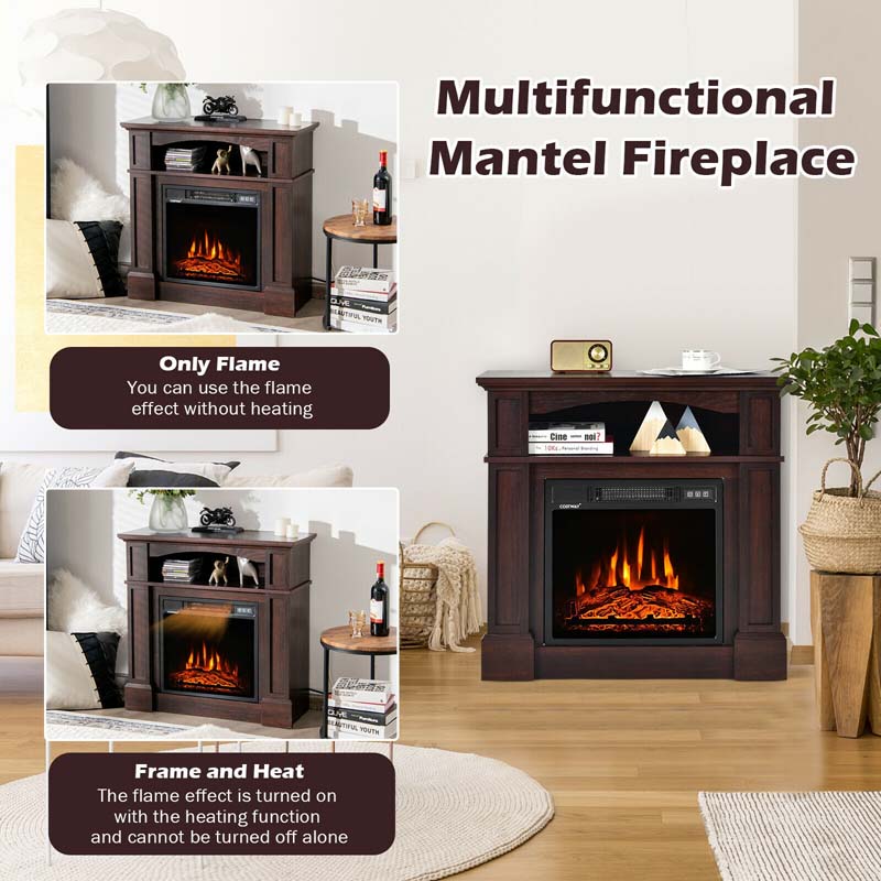 32" Freestanding Electric Fireplace Mantel, 1400W Fireplace Heater with Remote Control, Thermostat & 6H Timer, 3 Flame Brightness
