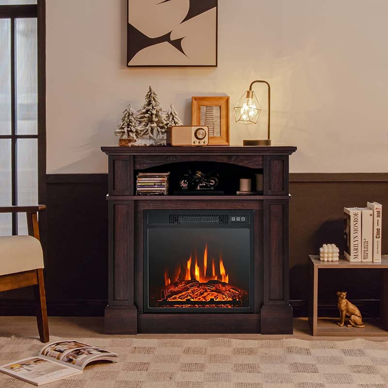 32" Freestanding Electric Fireplace Mantel, 1400W Fireplace Heater with Remote Control, Thermostat & 6H Timer, 3 Flame Brightness