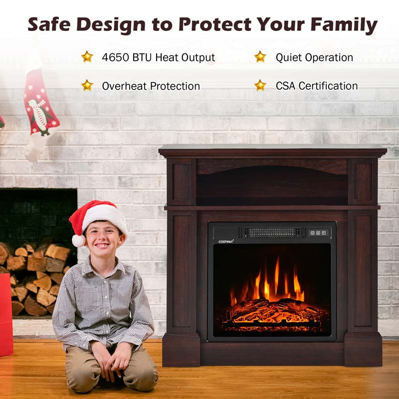 32" Freestanding Electric Fireplace Mantel, 1400W Fireplace Heater with Remote Control, Thermostat & 6H Timer, 3 Flame Brightness