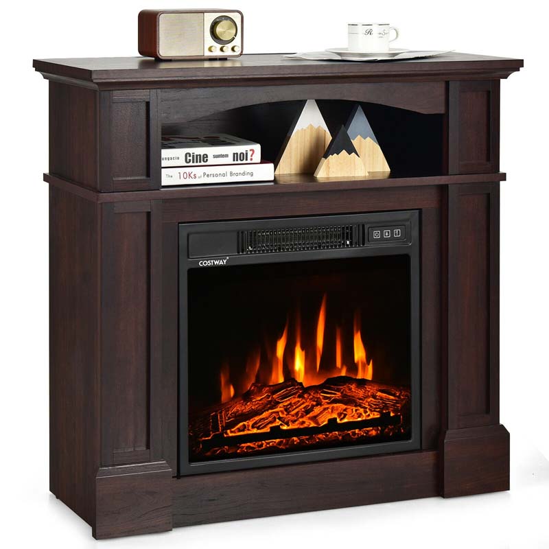 32" Freestanding Electric Fireplace Mantel, 1400W Fireplace Heater with Remote Control, Thermostat & 6H Timer, 3 Flame Brightness