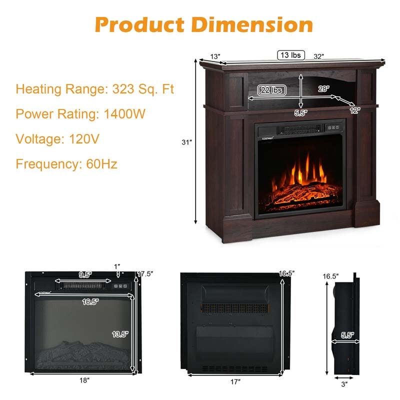 32" Freestanding Electric Fireplace Mantel, 1400W Fireplace Heater with Remote Control, Thermostat & 6H Timer, 3 Flame Brightness