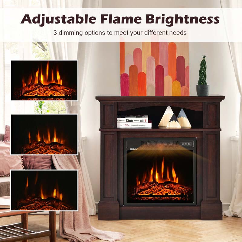 32" Freestanding Electric Fireplace Mantel, 1400W Fireplace Heater with Remote Control, Thermostat & 6H Timer, 3 Flame Brightness
