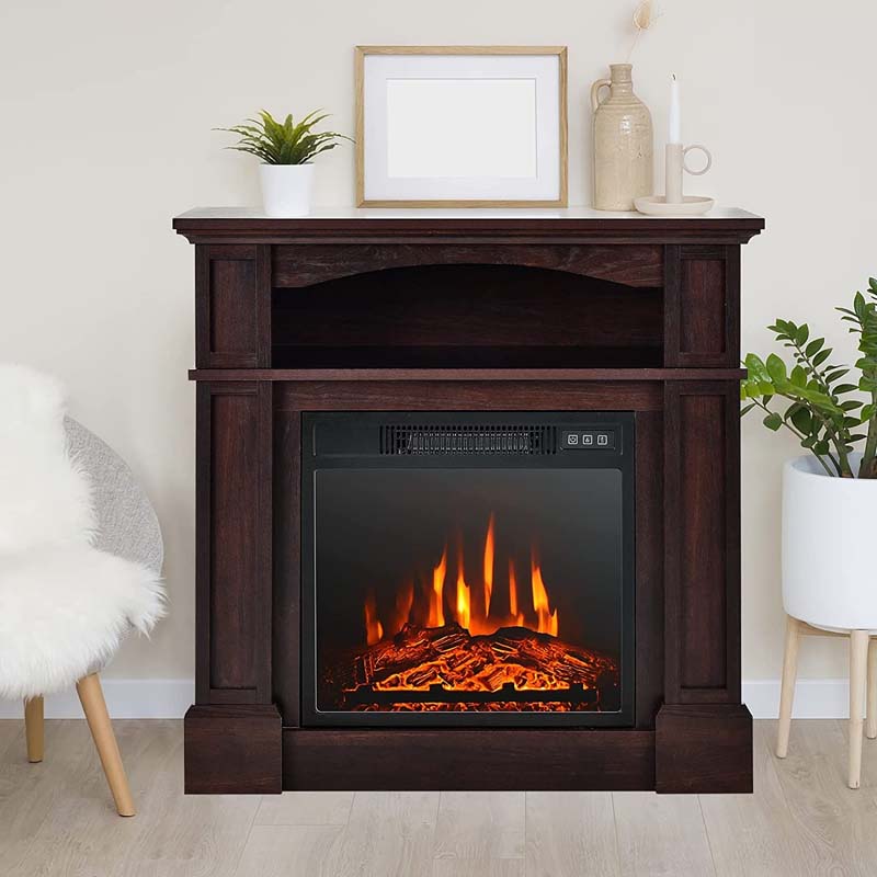 32" Freestanding Electric Fireplace Mantel, 1400W Fireplace Heater with Remote Control, Thermostat & 6H Timer, 3 Flame Brightness