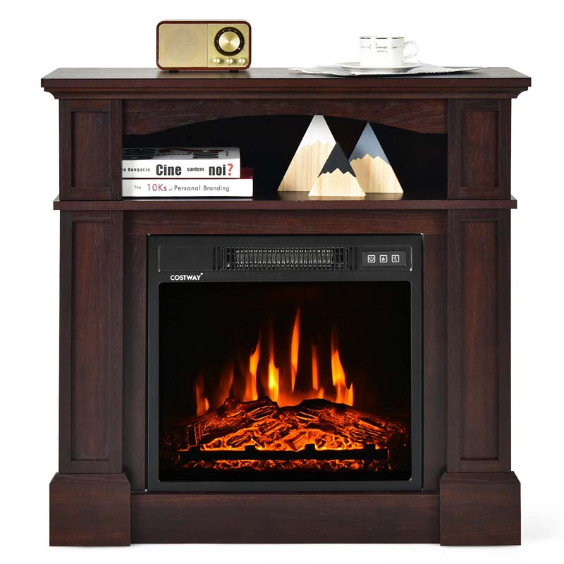 32" Freestanding Electric Fireplace Mantel, 1400W Fireplace Heater with Remote Control, Thermostat & 6H Timer, 3 Flame Brightness