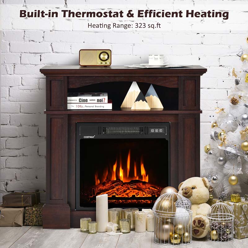 32" Freestanding Electric Fireplace Mantel, 1400W Fireplace Heater with Remote Control, Thermostat & 6H Timer, 3 Flame Brightness