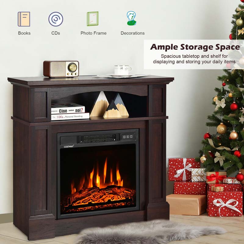 32" Freestanding Electric Fireplace Mantel, 1400W Fireplace Heater with Remote Control, Thermostat & 6H Timer, 3 Flame Brightness