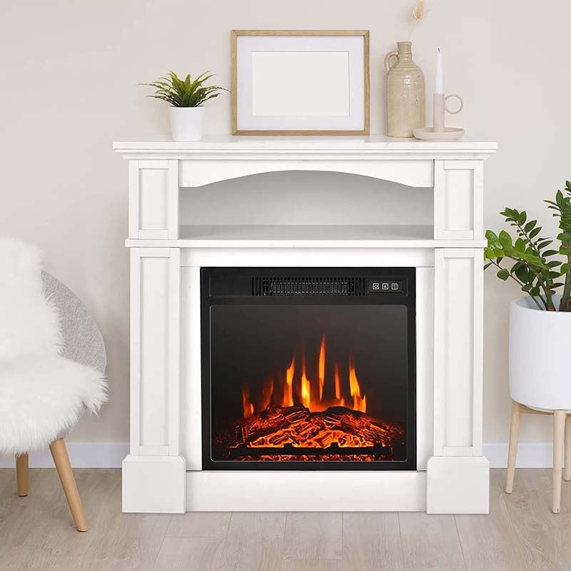 32" Freestanding Electric Fireplace Mantel, 1400W Fireplace Heater with Remote Control, Thermostat & 6H Timer, 3 Flame Brightness
