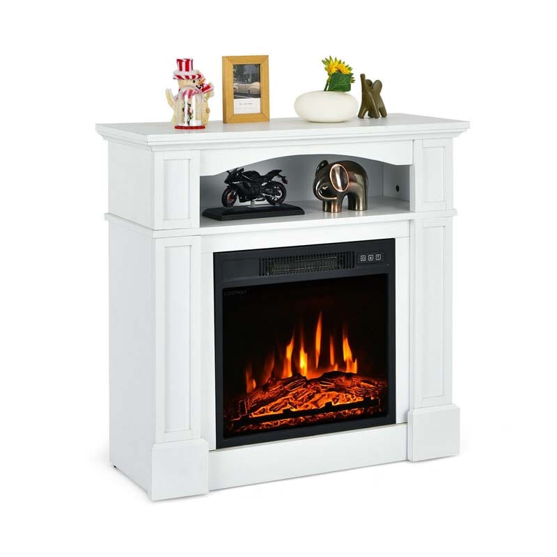32" Freestanding Electric Fireplace Mantel, 1400W Fireplace Heater with Remote Control, Thermostat & 6H Timer, 3 Flame Brightness