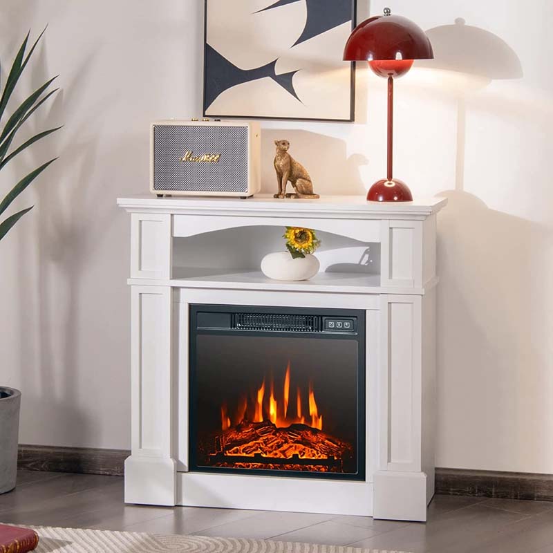 32" Freestanding Electric Fireplace Mantel, 1400W Fireplace Heater with Remote Control, Thermostat & 6H Timer, 3 Flame Brightness