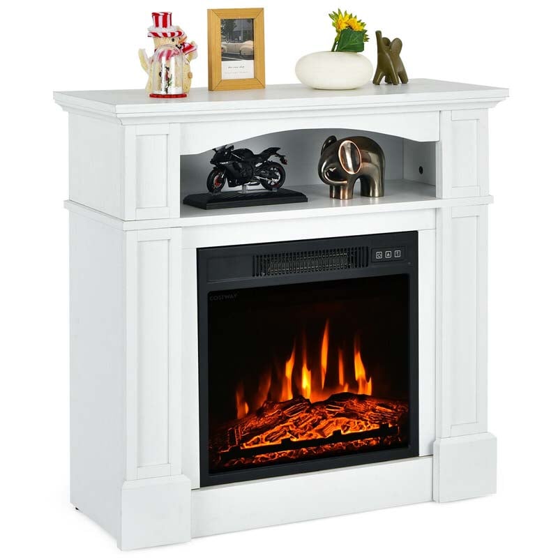 32" Freestanding Electric Fireplace Mantel, 1400W Fireplace Heater with Remote Control, Thermostat & 6H Timer, 3 Flame Brightness