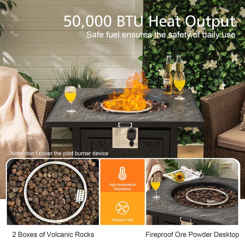 32" Square Propane Fire Pit Table, 50000 BTU Outdoor Gas Firepit with Lava Rocks & Waterproof Cover