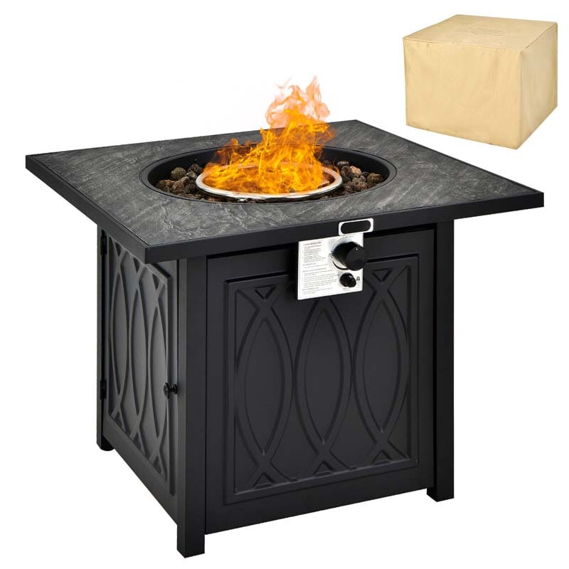 32" Square Propane Fire Pit Table, 50000 BTU Outdoor Gas Firepit with Lava Rocks & Waterproof Cover