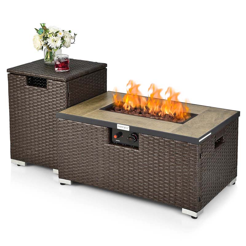 32" x 20" 40000 BTU Rattan Propane Fire Pit Table Set with Side Table Tank, Lava Rocks & Cover