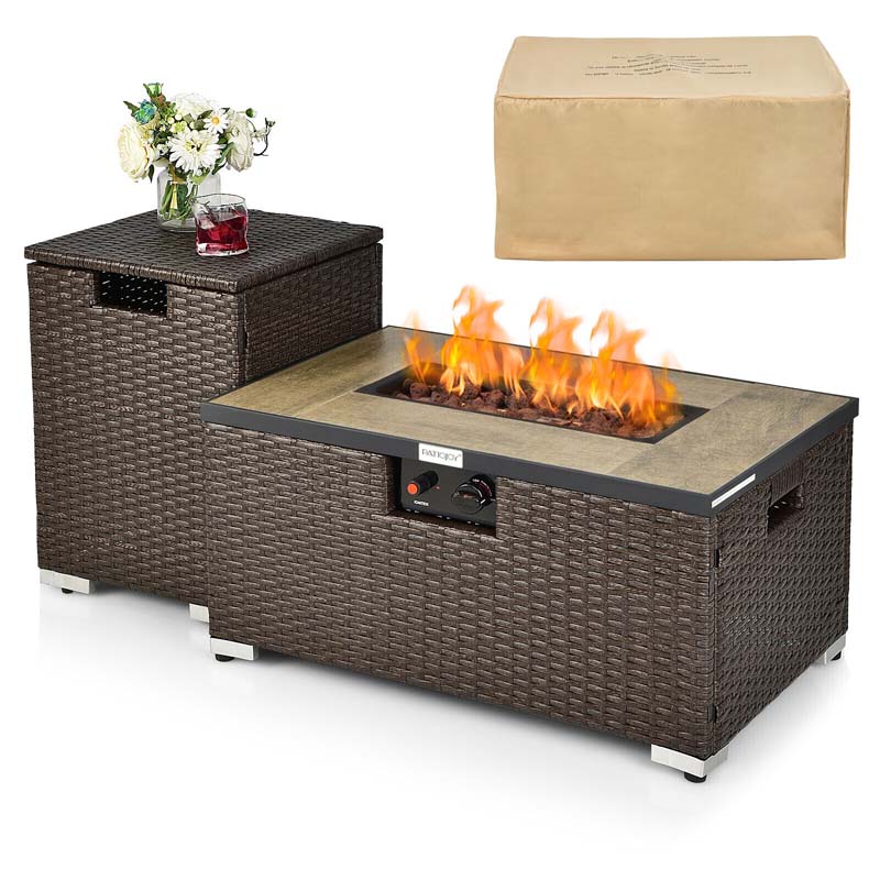 32" x 20" 40000 BTU Rattan Propane Fire Pit Table Set with Side Table Tank, Lava Rocks & Cover