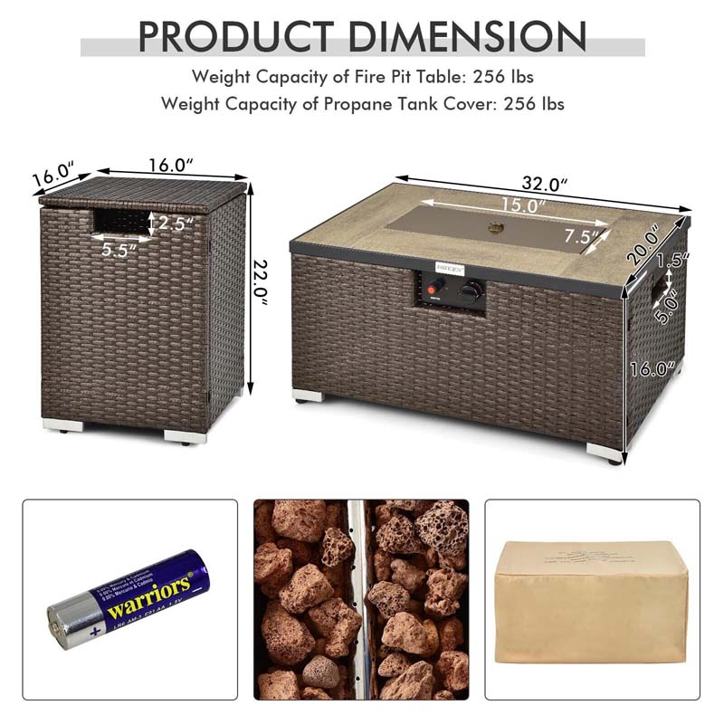 32" x 20" 40000 BTU Rattan Propane Fire Pit Table Set with Side Table Tank, Lava Rocks & Cover