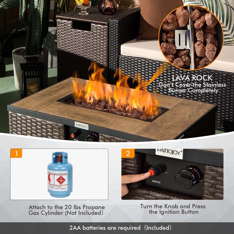 32" x 20" 40000 BTU Rattan Propane Fire Pit Table Set with Side Table Tank, Lava Rocks & Cover