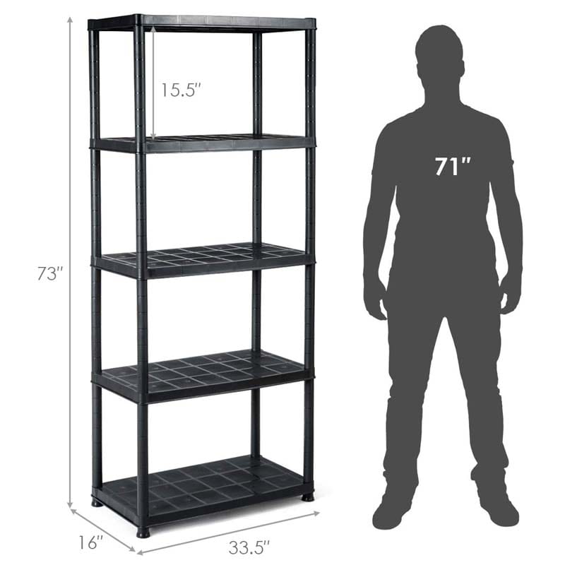 33.5"L x 16"W x 73"H 5-Tier Plastic Storage Shelving Rack, Freestanding Multi-Use Shelving Unit Organizer