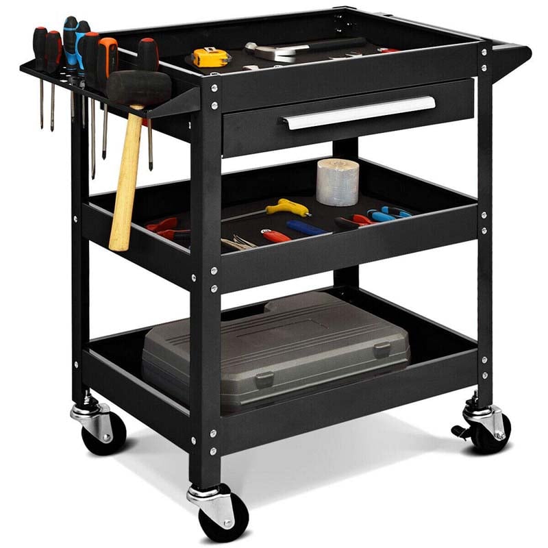 3 Tier Rolling Tool Cart Organizer, 330 lbs Industrial Service Cart Heavy Duty Utility Cart with Storage Drawer